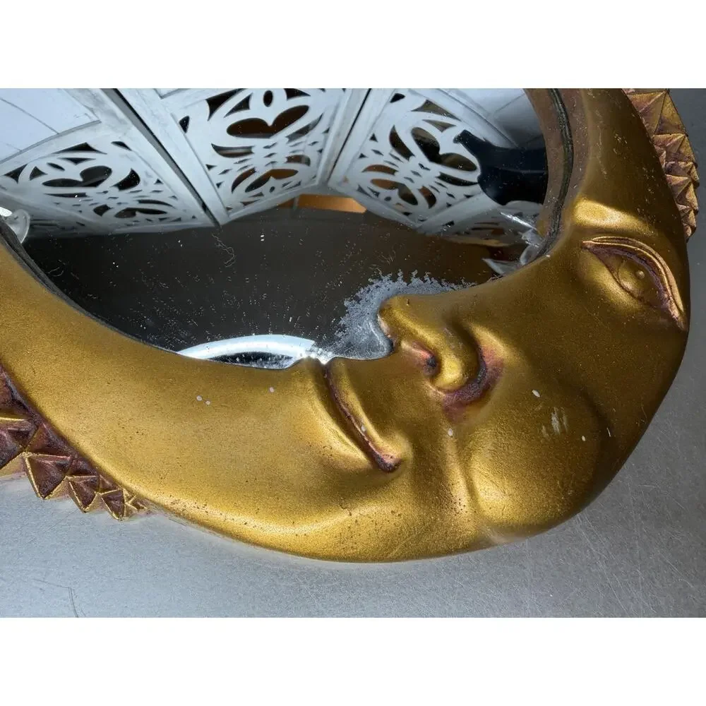 Vintage Celestial Whimsical Gold Crescent Moon & Star Wall Mirror Beveled